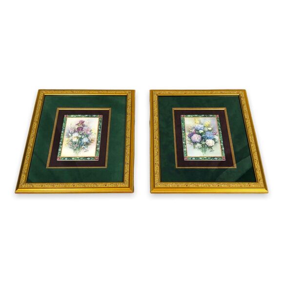 Lena Liu Art Tile Lot 2 Signed Limited Floral Iris Hydrangea Bouquet Numbered